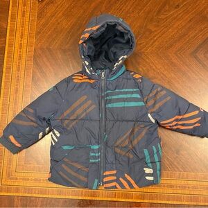 Bobo Choses Navy Puffer Jacket with Teal, Orange, Brown & Cream Stripes